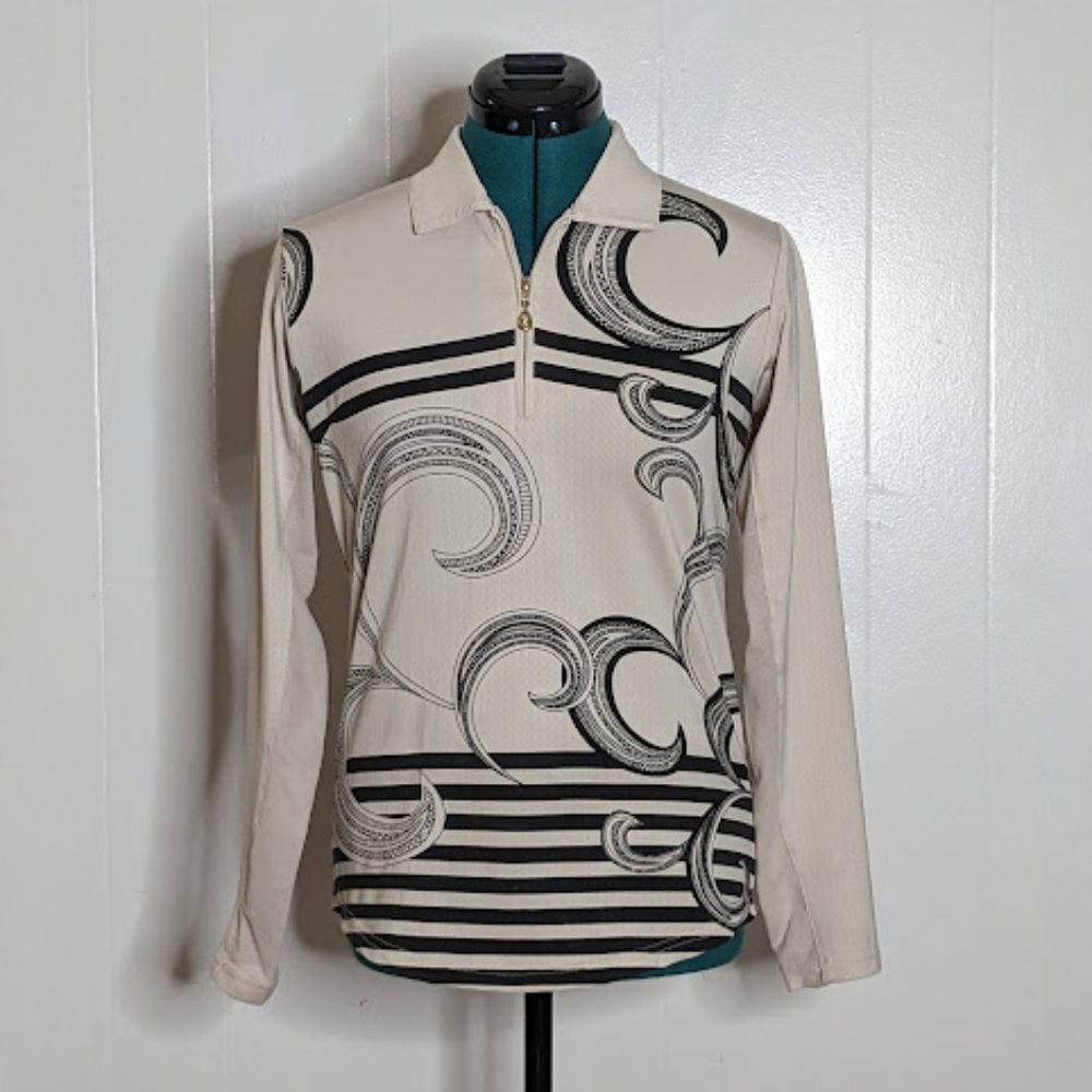 SanSoleil Women's Abstract Striped Print  Crystal Zipper Polo Shirt. Size XS.